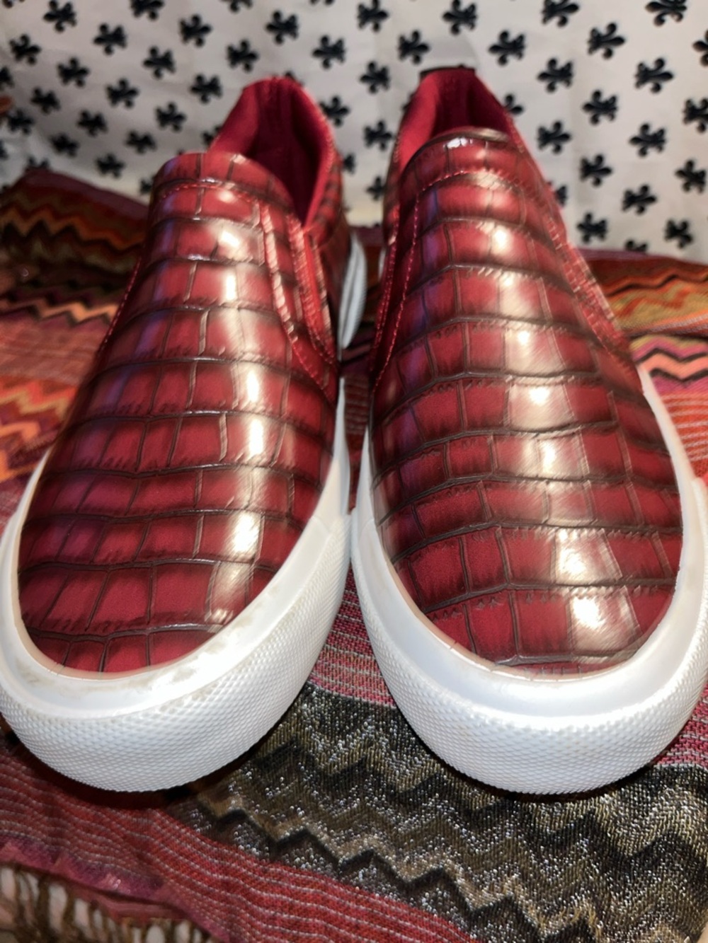 Red Croc-Embossed Slip-On Sneakers with White Sole